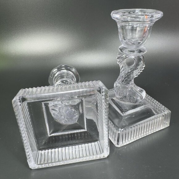 Imperial Glass Clear Dolphin Koi Fish Candlestick Candle Holder Set 2 Votive VTG - Picture 6 of 11